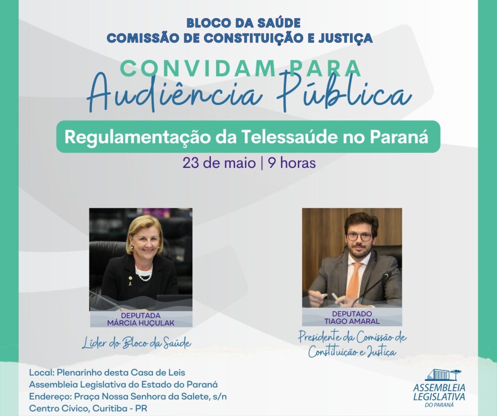 Arte mostra convite para audiência pública sobre telessaúde, dia 23 de maio de 2023, na Assembleia Legislativa do Paraná