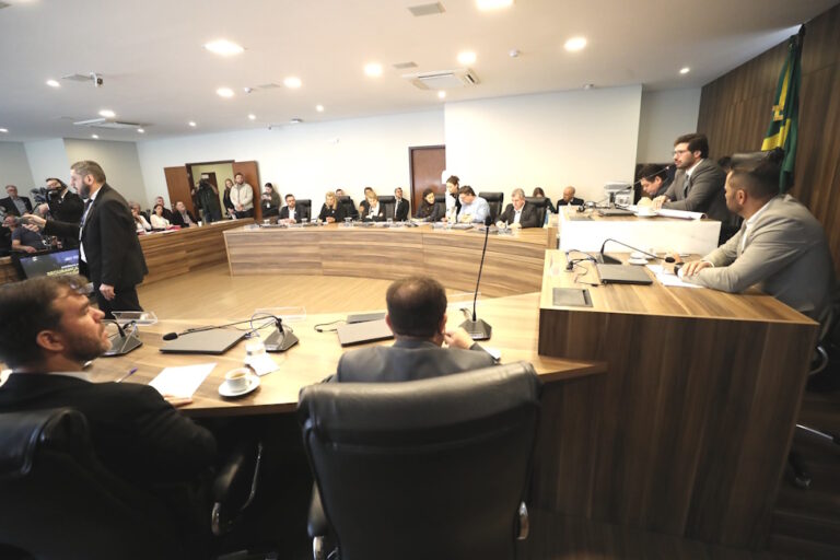 Fotografia mostra a reunião sobre segurança nas travessias de trem na Assembleia Legislativa do Paraná, promovida pelo deputado estadual Tiago Amaral.