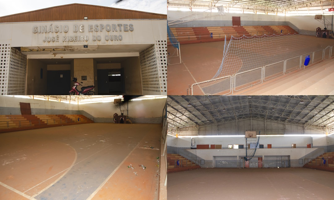 Composição mostra 4 imagens do ginásio de esportes de Lobato, no Paraná. A prefeitura de Lobato vai conseguir reformar o ginásio de esportes graças a recursos que o deputado Tiago Amaral conseguiu junto ao Governo do Estado.