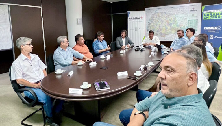 Fotografia mostra deputado Tiago Amaral em reunião com prefeitos e a concessionária Rumo, na Secretaria Estadual de Infraestrutura, para tratar da suspensão do ramal ferroviário entre Ourinhos e Londrina.