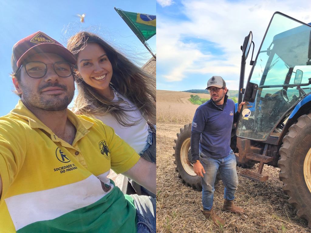 Fotografia mostra Tiago Amaral e sua esposa Juliana trabalhando na terra; Tiago tem o melhor plano de governo para fortalecer a agricultura e os distritos de Londrina.